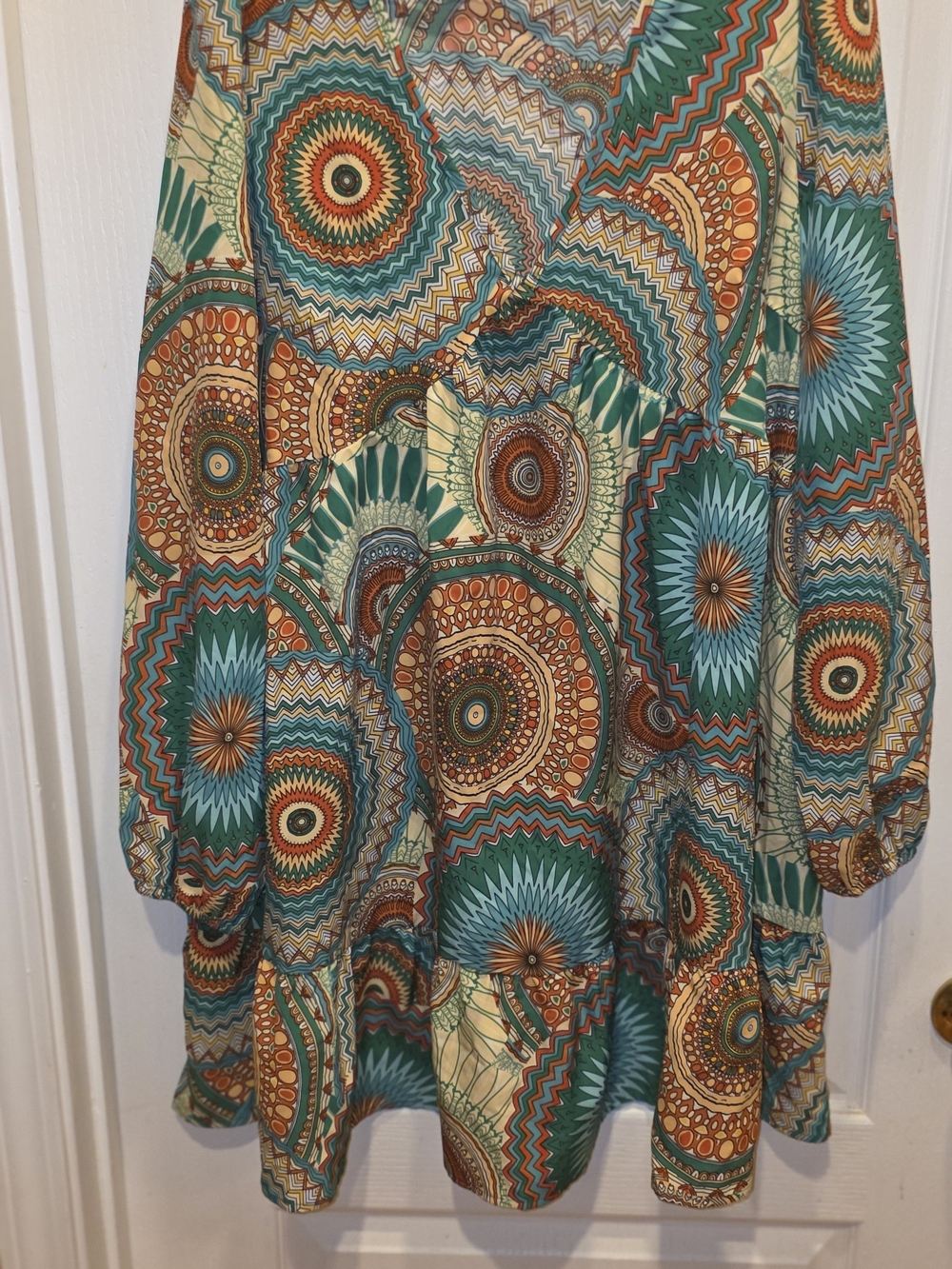 Boho Mandala Print Long-Sleeve Women’s Dress- Teal & Rust